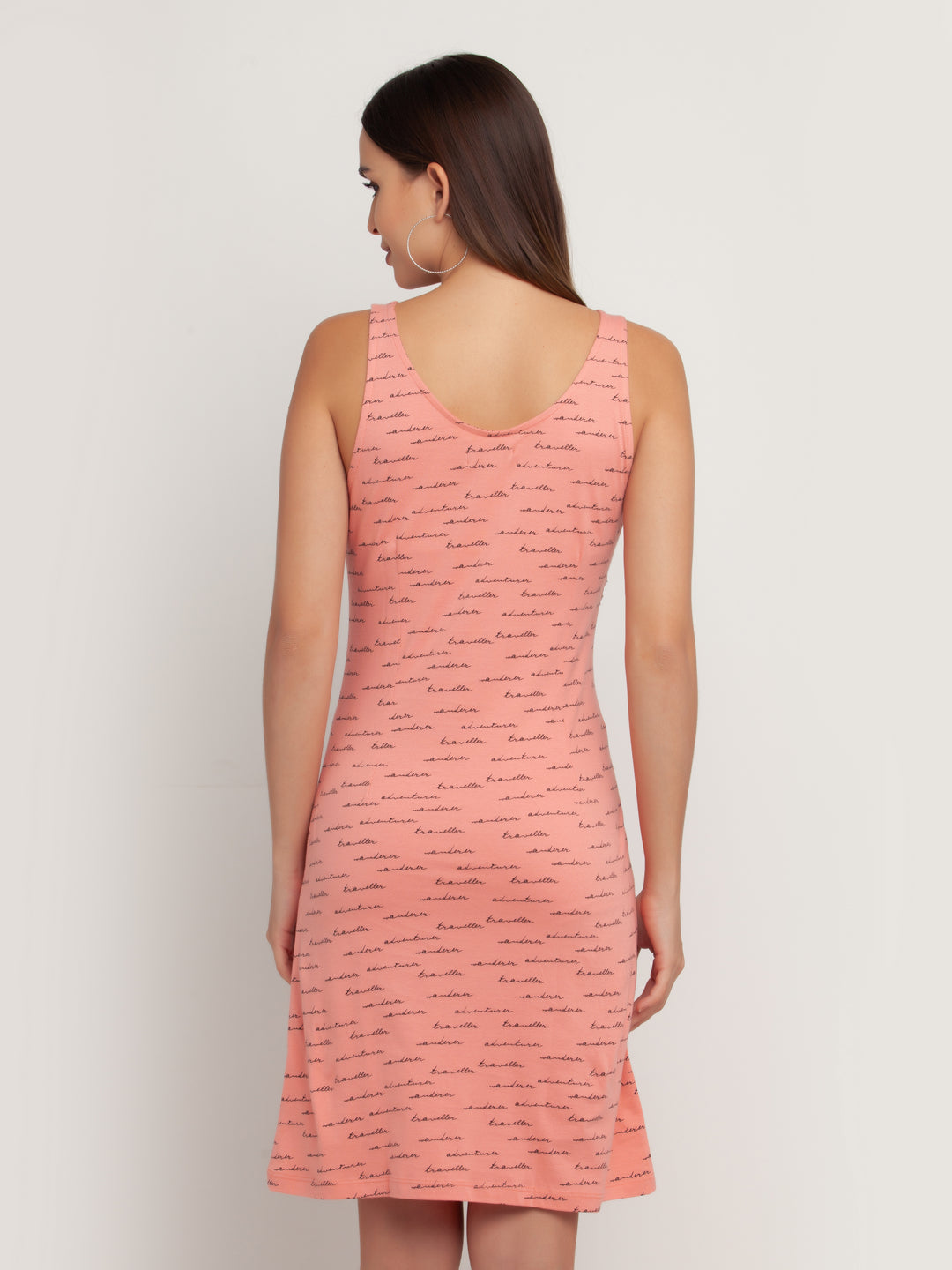 Peach Printed Sleeveless Short Dress For Women