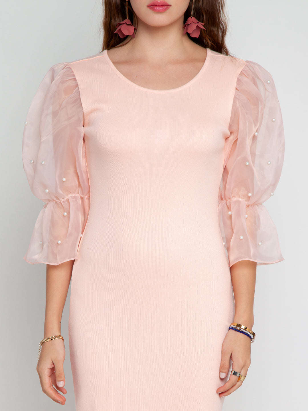 Pink Balloon Sleeve Bodycon Dress for Women