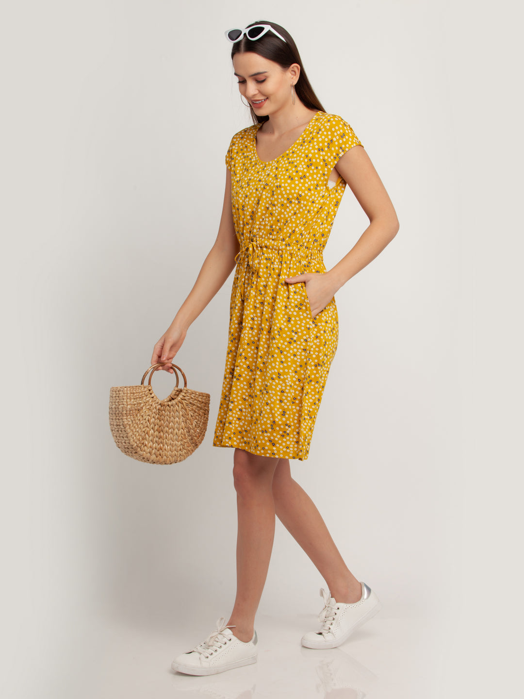 Yellow Solid Short Sleeves Short Dress