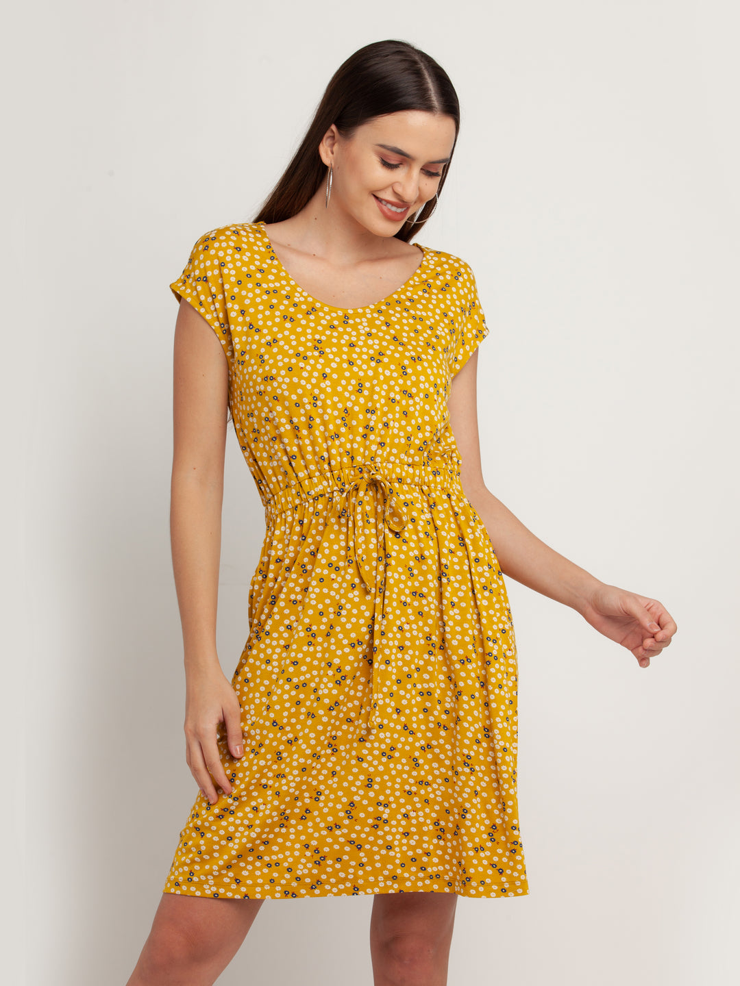 Yellow Solid Short Sleeves Short Dress