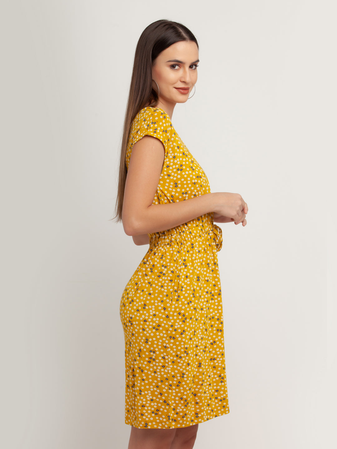 Yellow Solid Short Sleeves Short Dress For Women