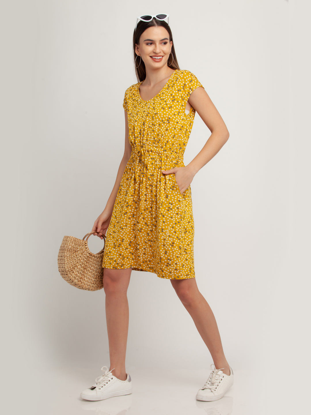 Yellow Solid Short Sleeves Short Dress