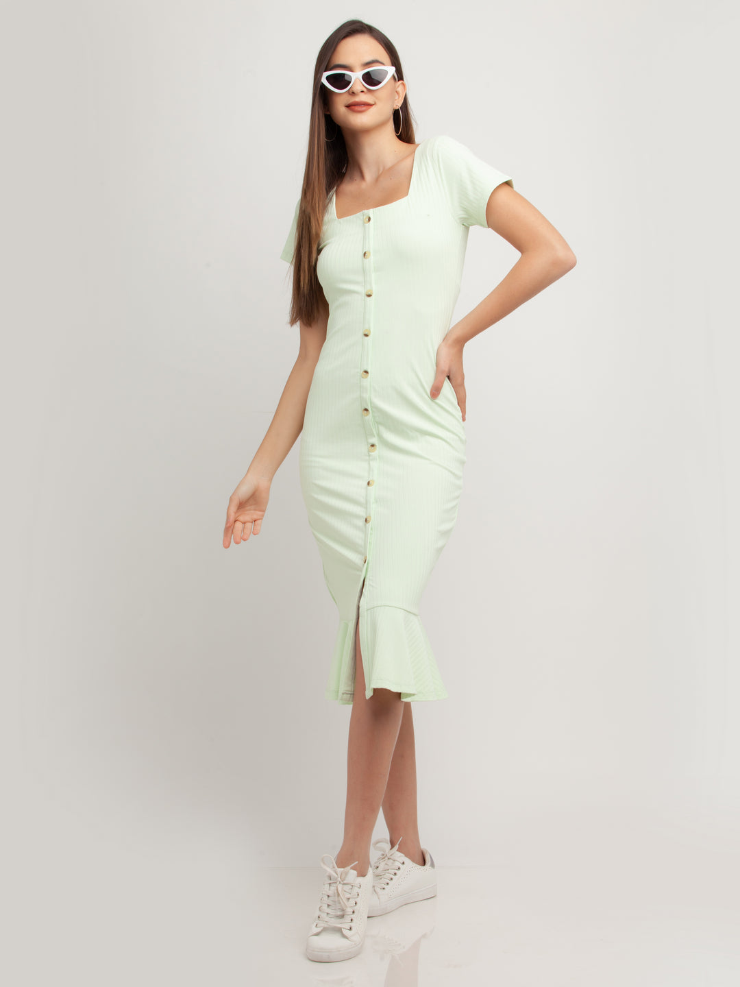 Green Solid Short Sleeves Midi Dress For Women