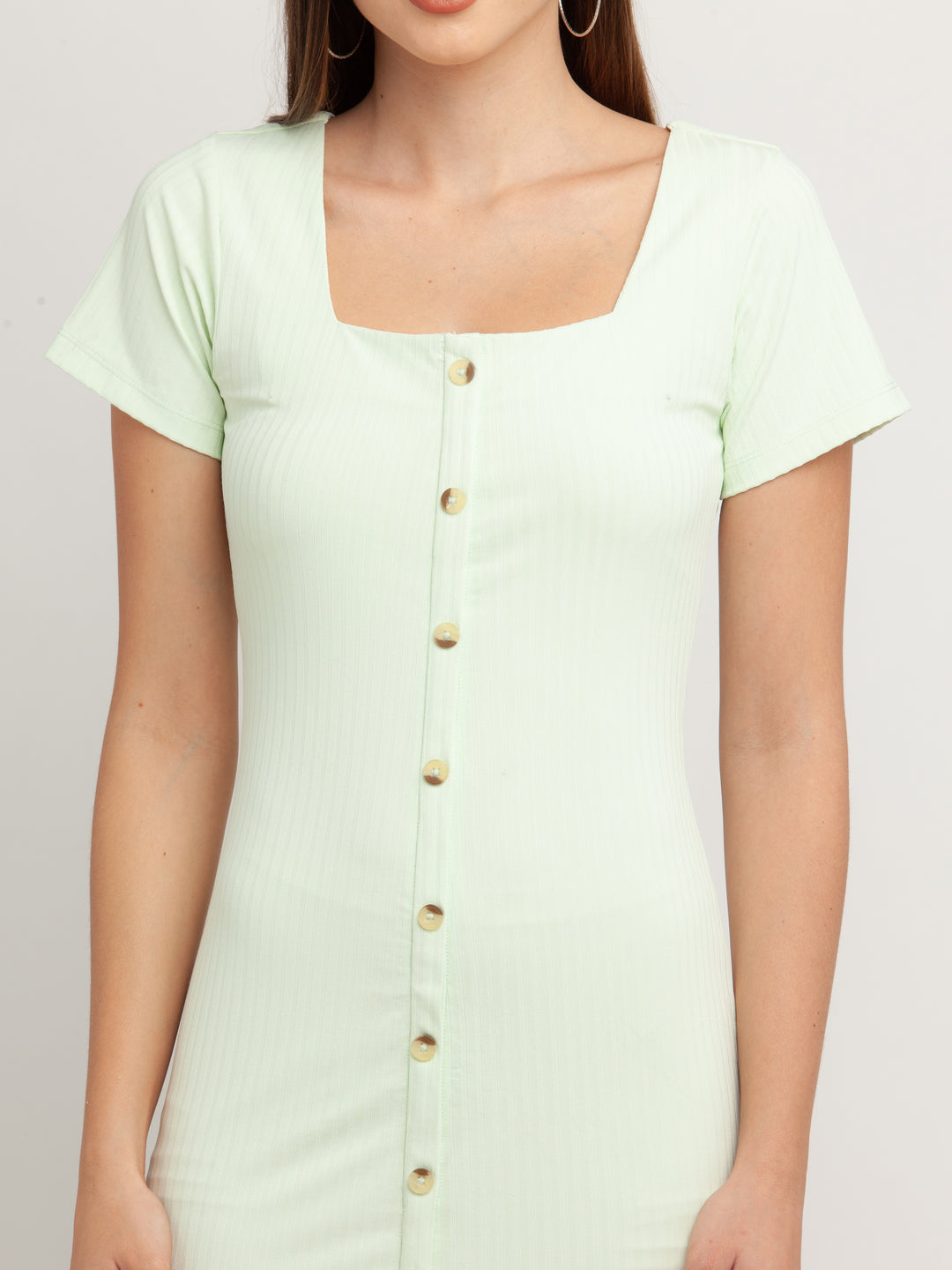 Green Solid Short Sleeves Midi Dress For Women
