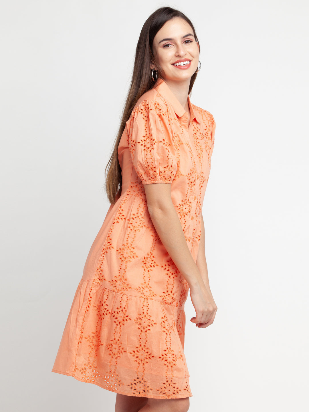 Orange Self Design Shirt Dress Midi Dress For Women