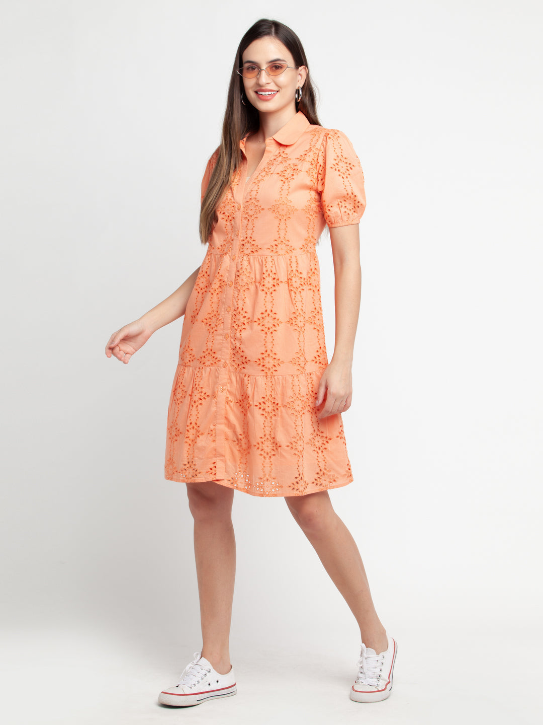 Orange Self Design Shirt Dress Midi Dress For Women