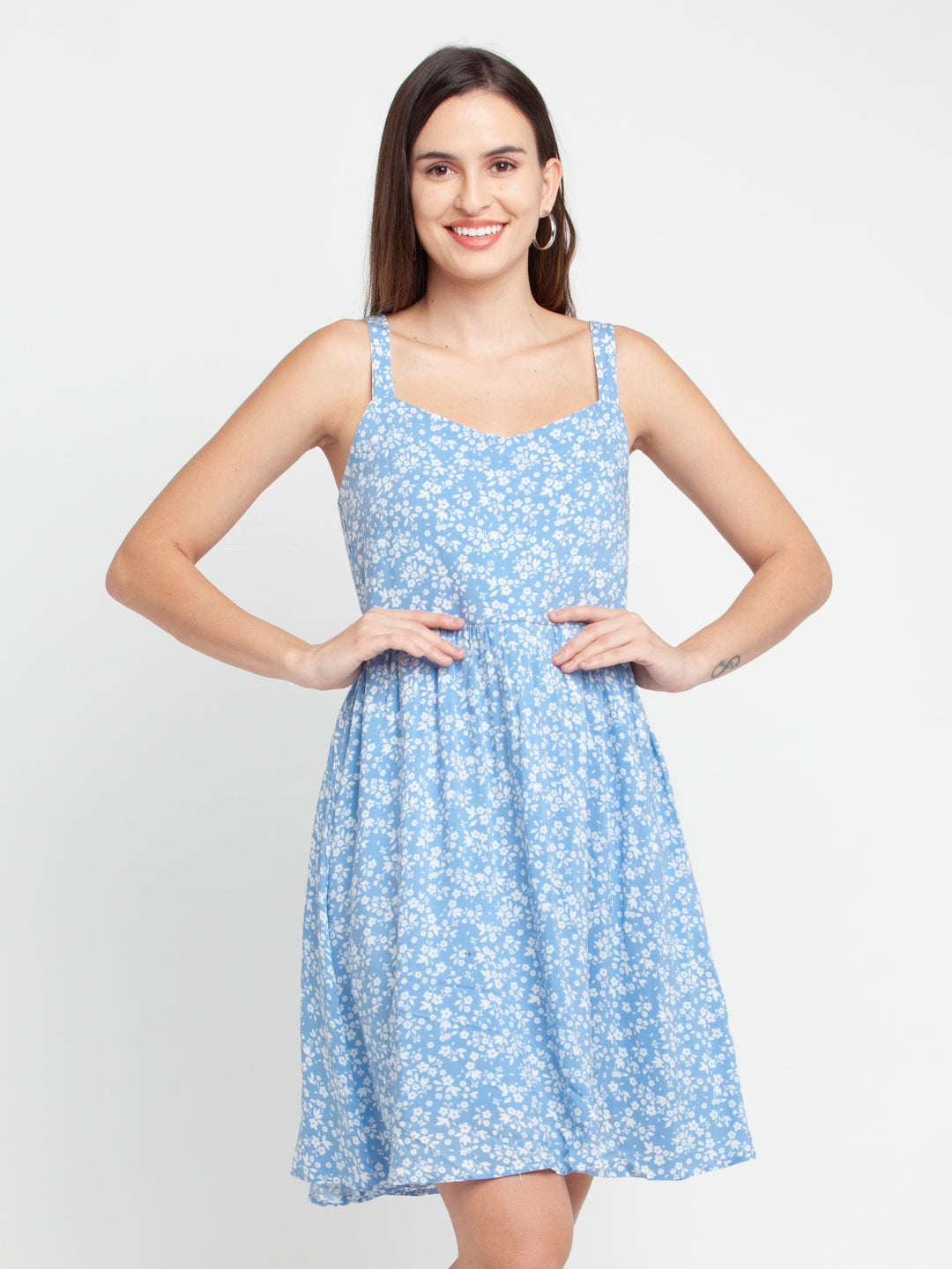 Blue Printed Strappy Short Dress