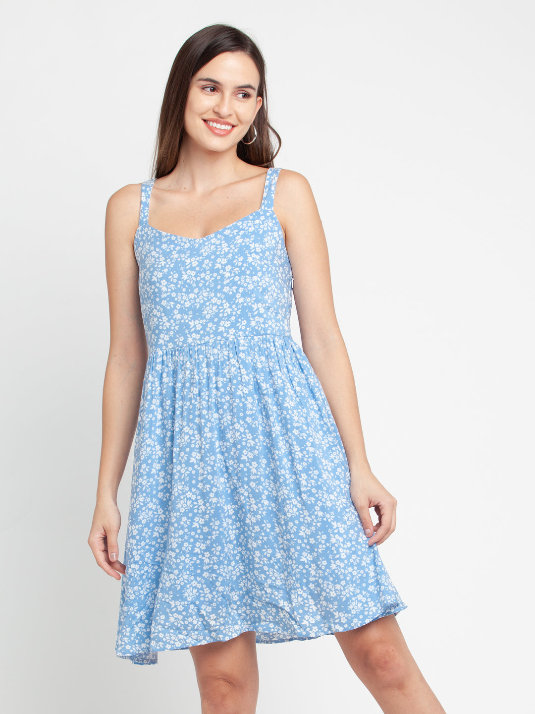 Blue Printed Strappy Short Dress