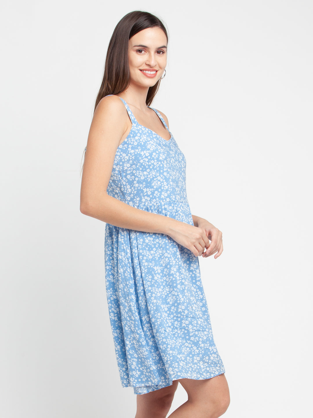 Blue Printed Strappy Short Dress