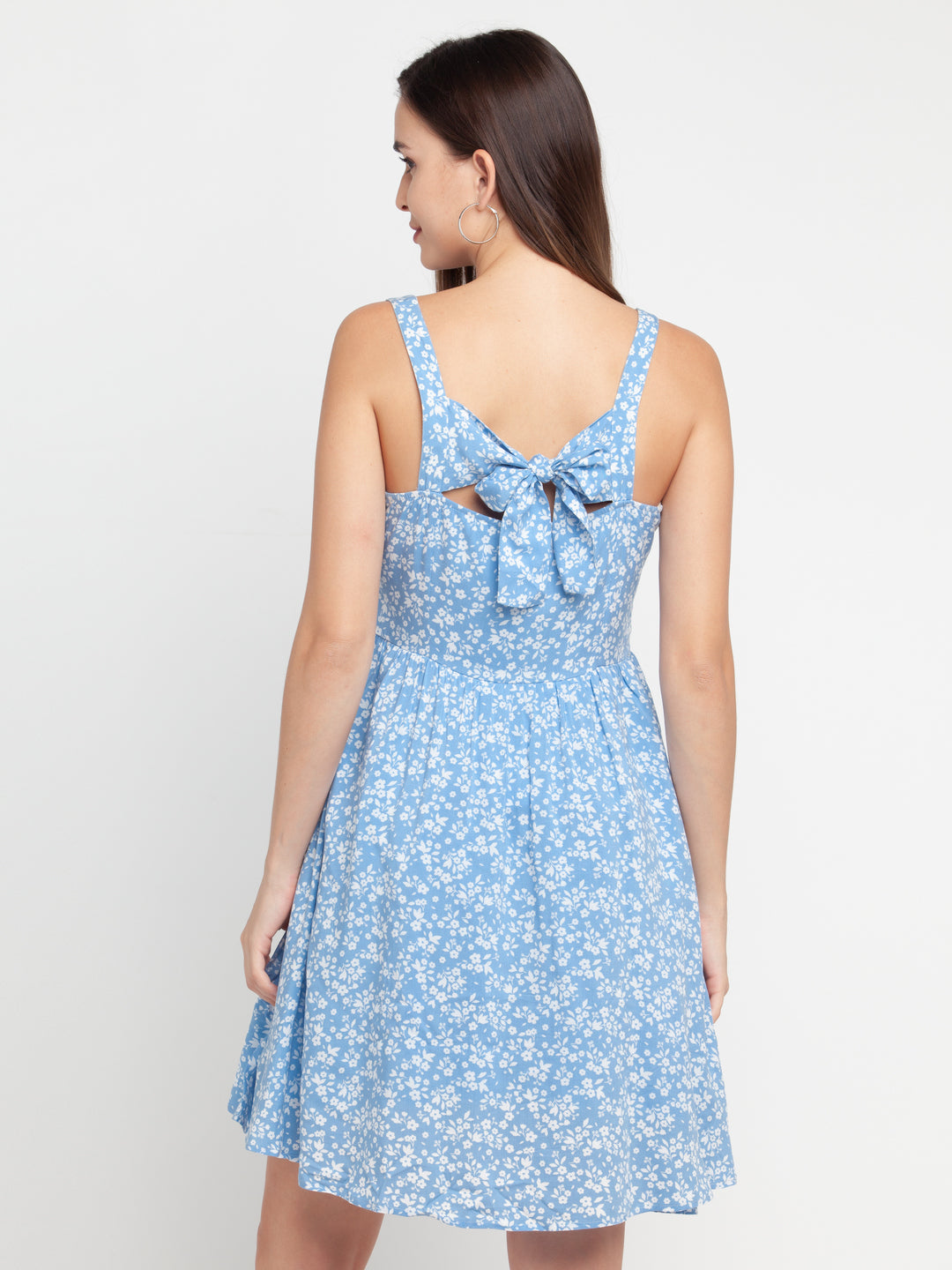 Blue Printed Strappy Short Dress