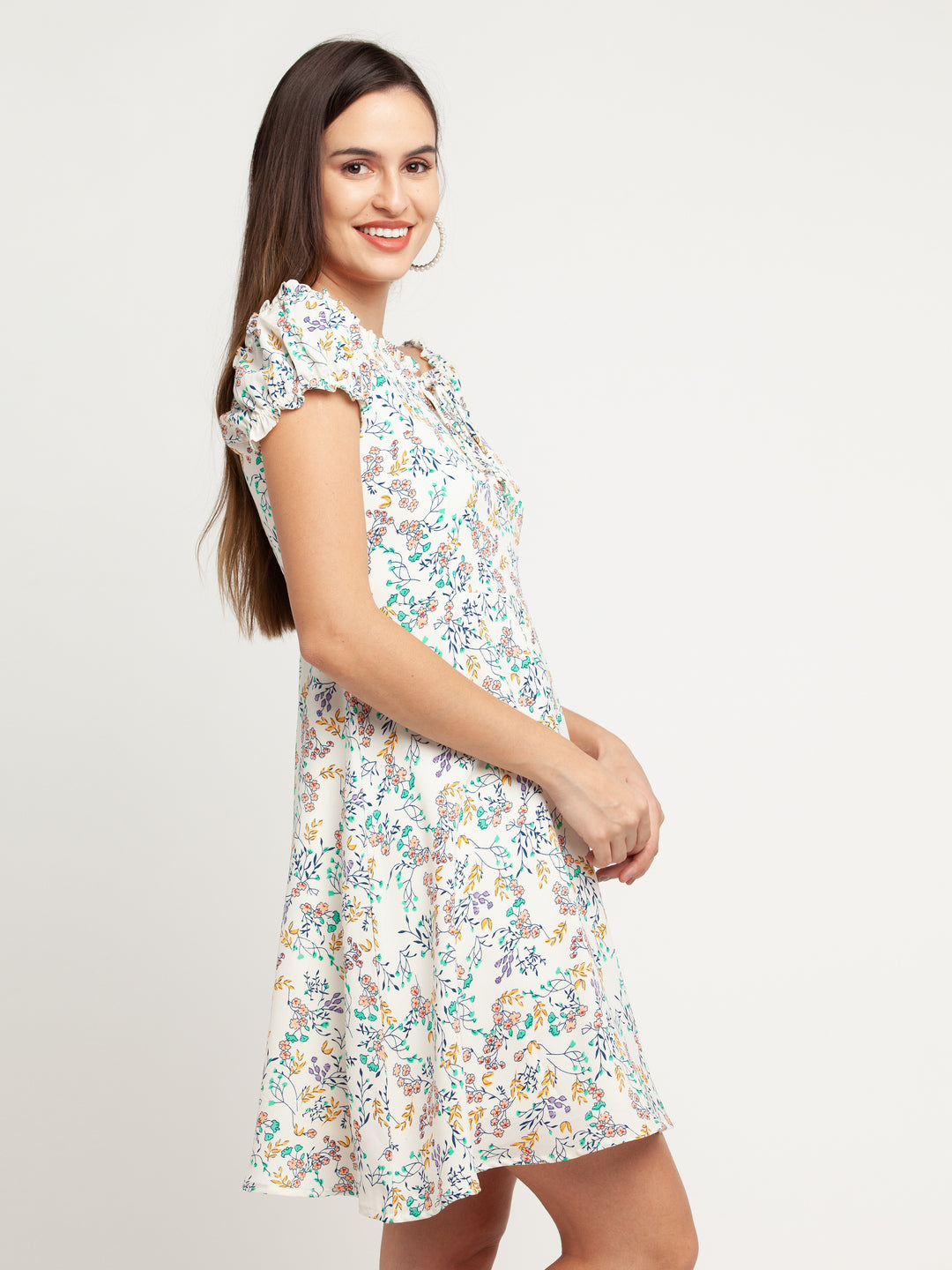 White Printed Tie-Up Short Dress For Women
