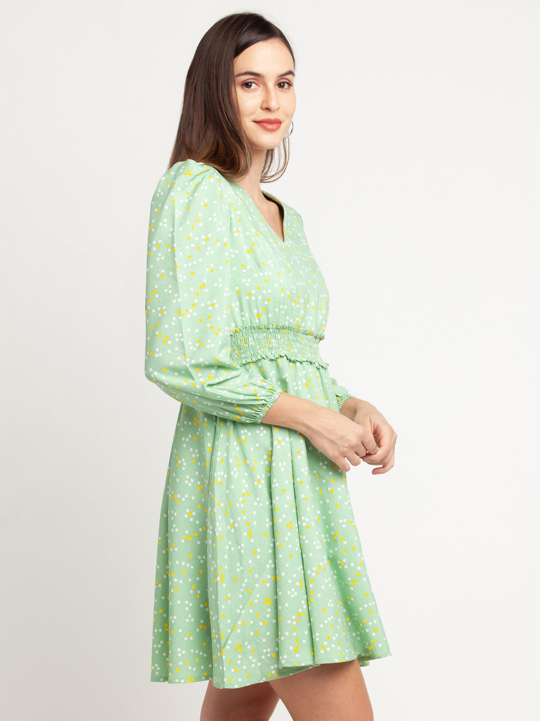 Green Printed Elasticated Short Dress For Women