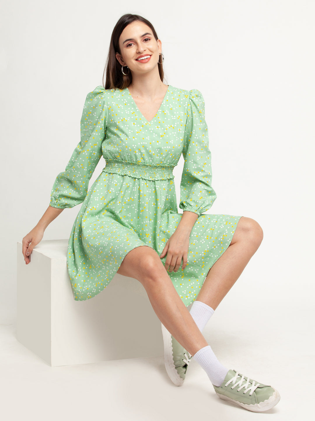 Green Printed Elasticated Short Dress For Women