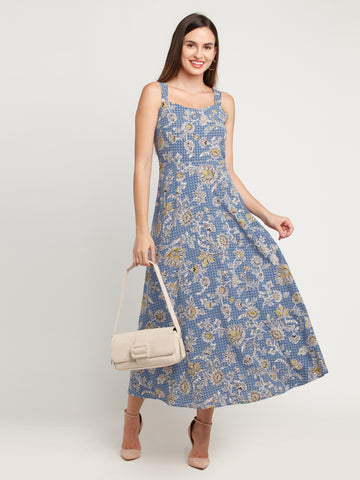 Blue Printed Elasticated Maxi Dress For Women
