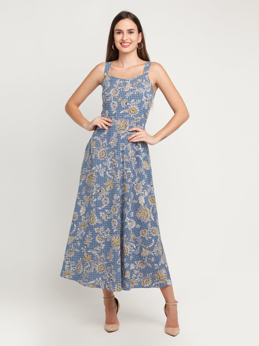 Blue Printed Elasticated Maxi Dress