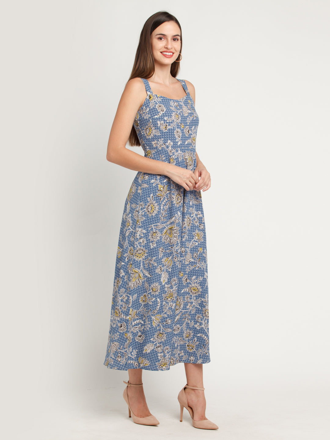 Blue Printed Elasticated Maxi Dress