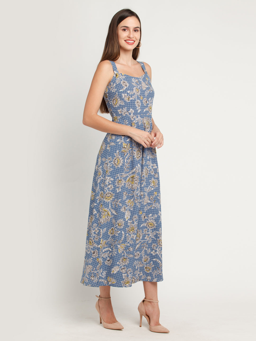 Blue Printed Elasticated Maxi Dress For Women