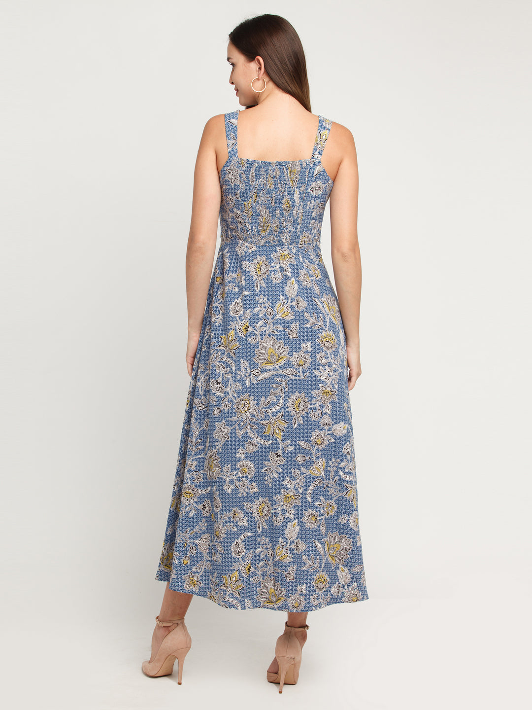 Blue Printed Elasticated Maxi Dress