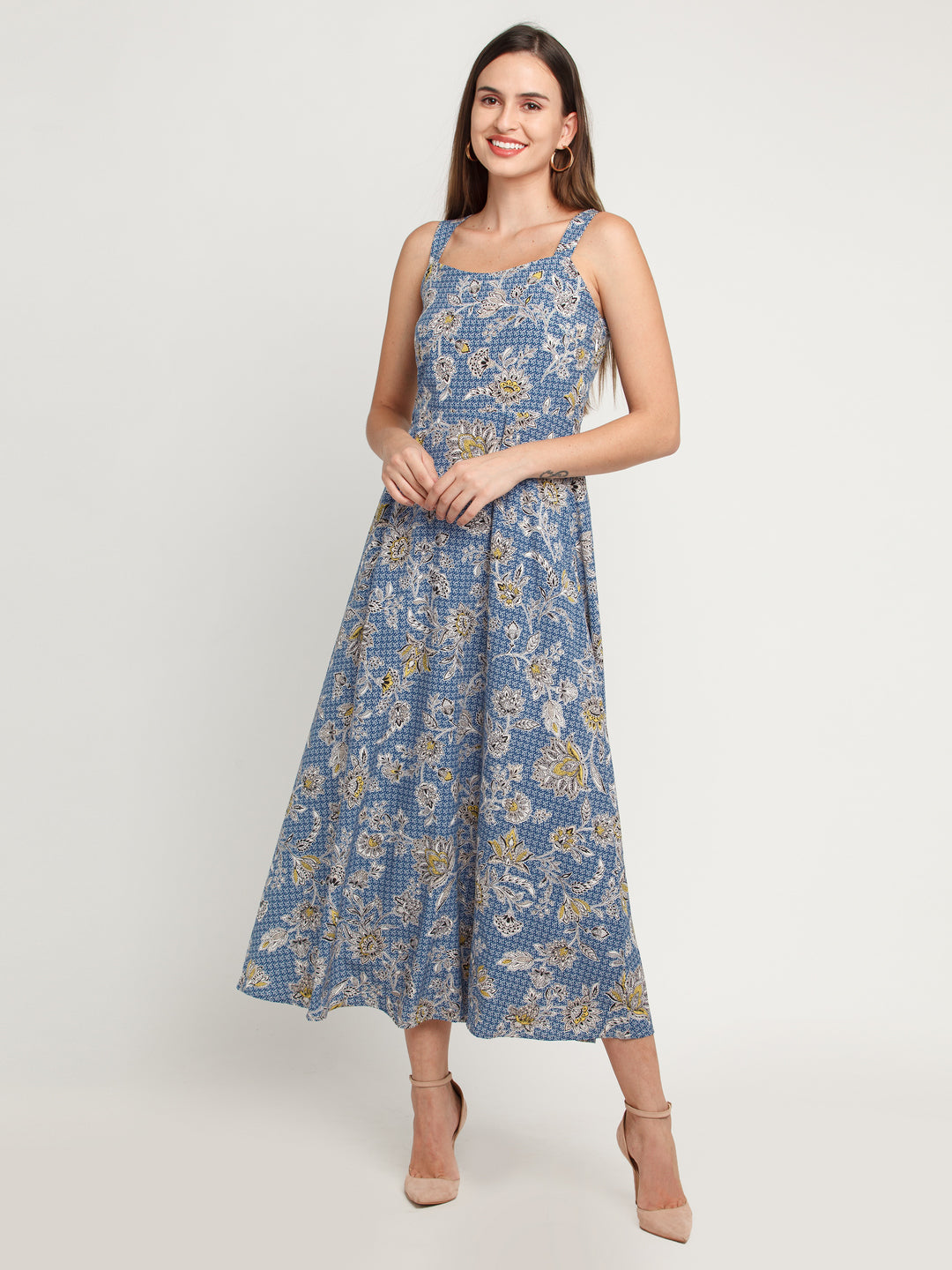 Blue Printed Elasticated Maxi Dress