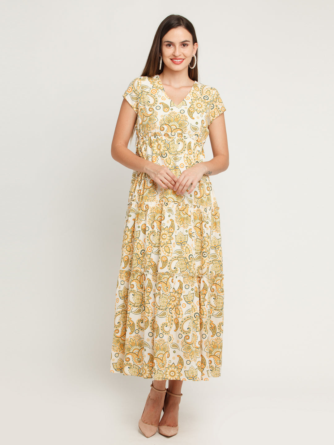 Off White Printed Tiered Maxi Dress