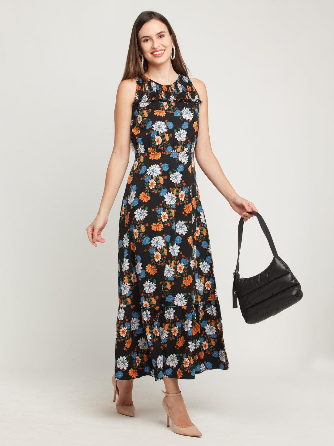 Black Printed Tiered Maxi Dress