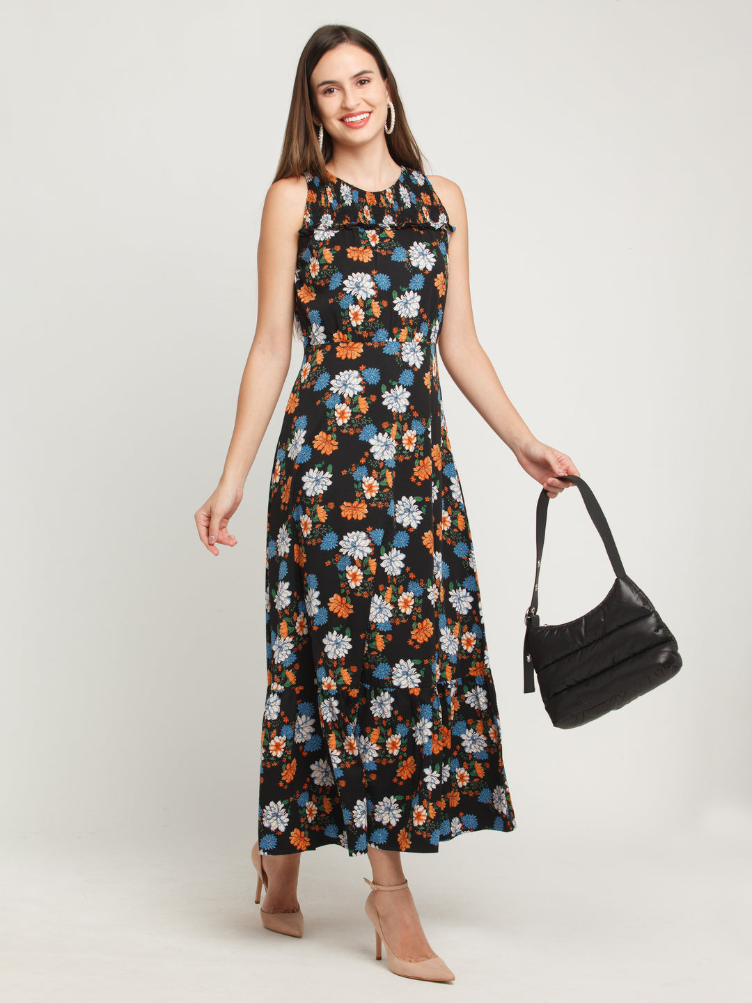 Black Printed Tiered Maxi Dress For Women