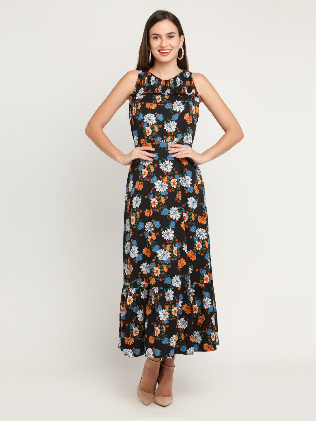 Black Printed Tiered Maxi Dress