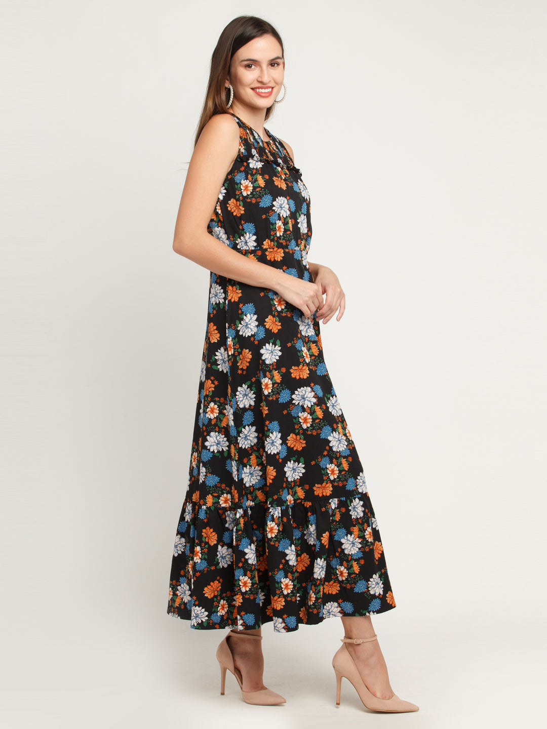 Black Printed Tiered Maxi Dress