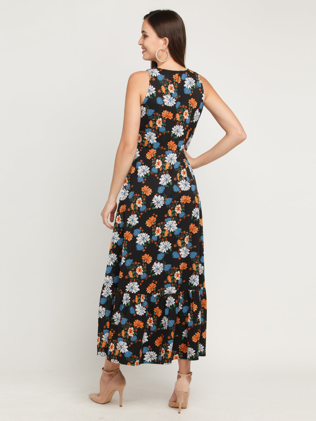 Black Printed Tiered Maxi Dress For Women