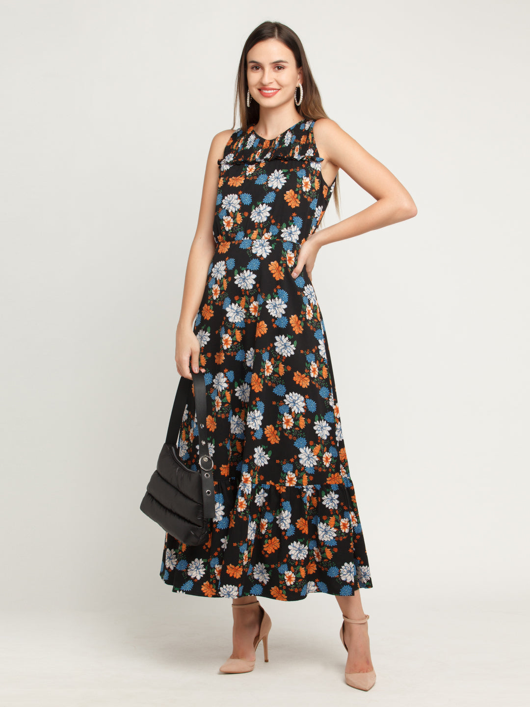 Black Printed Tiered Maxi Dress