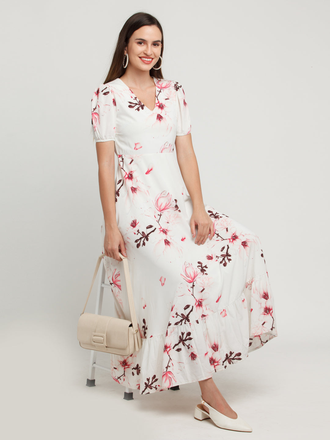 White Printed Tiered Maxi Dress