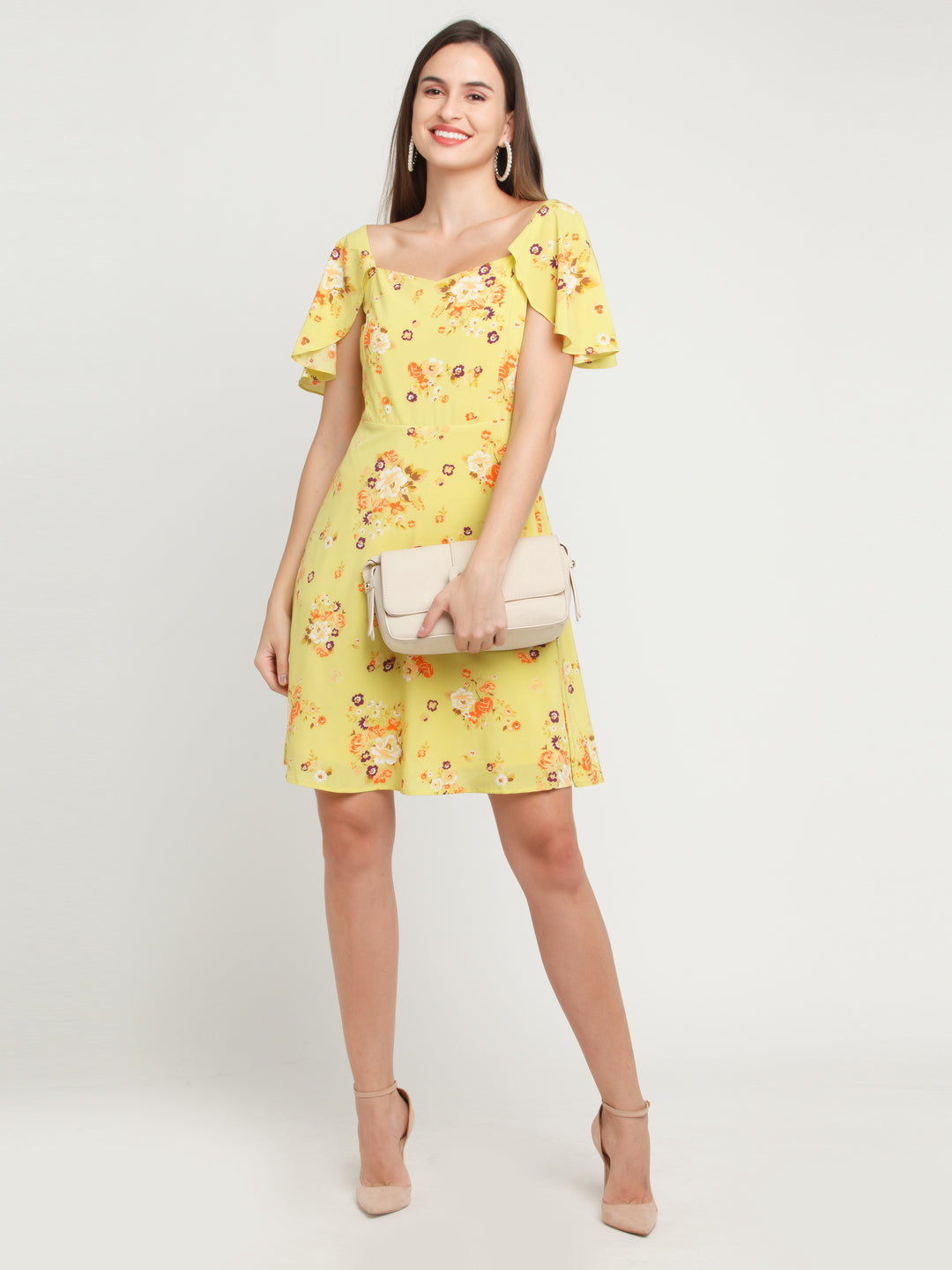 Yellow Printed Flared Sleeve Short Dress