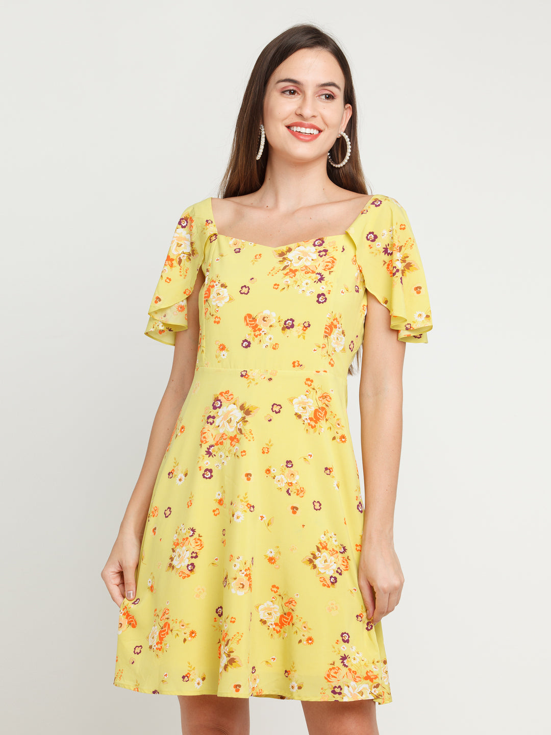 Yellow Printed Flared Sleeve Short Dress