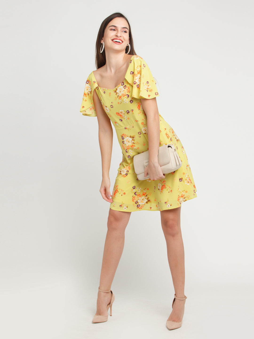 Yellow Printed Flared Sleeve Short Dress