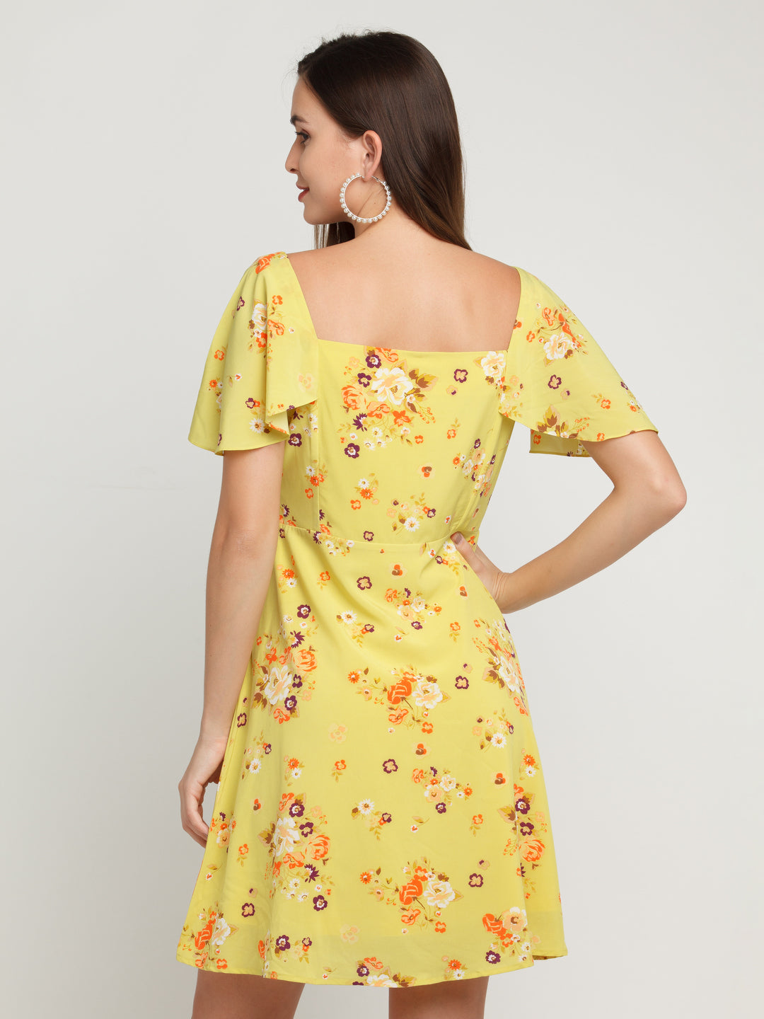 Yellow Printed Flared Sleeve Short Dress