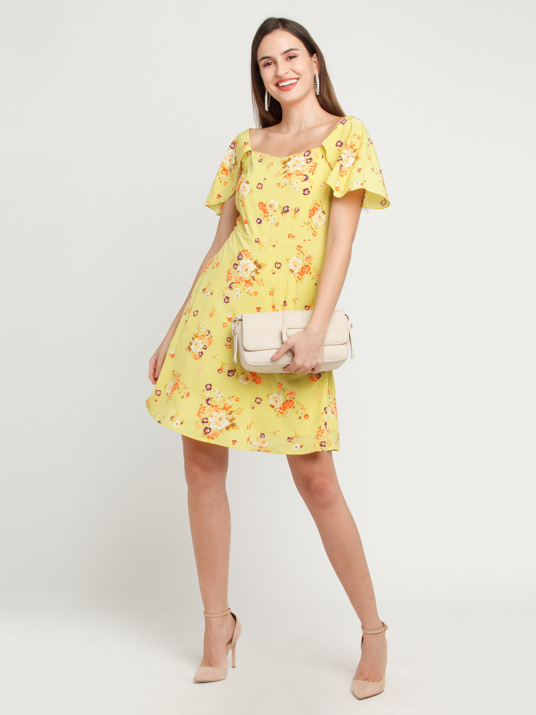 Yellow Printed Flared Sleeve Short Dress