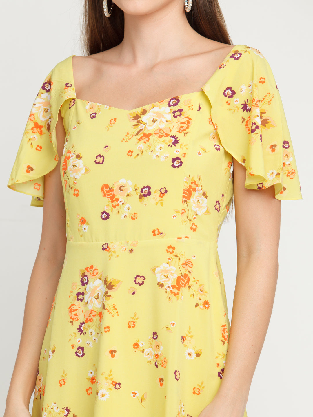 Yellow Printed Flared Sleeve Short Dress