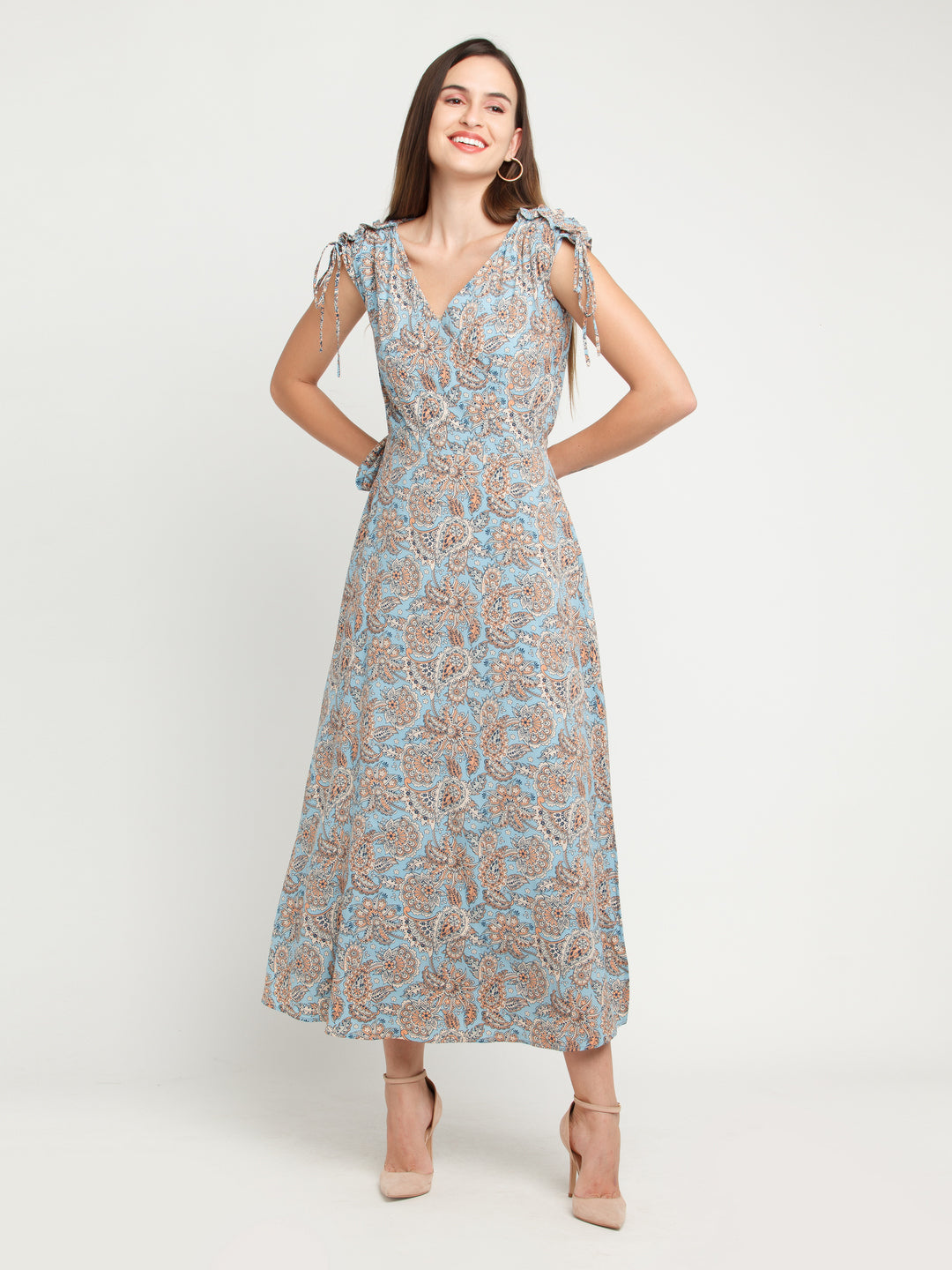 Blue Printed Tie-Up Maxi Dress