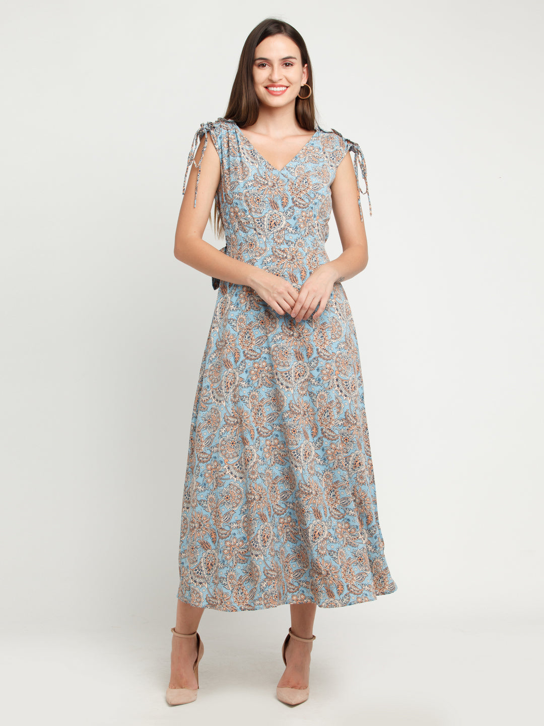 Blue Printed Tie-Up Maxi Dress