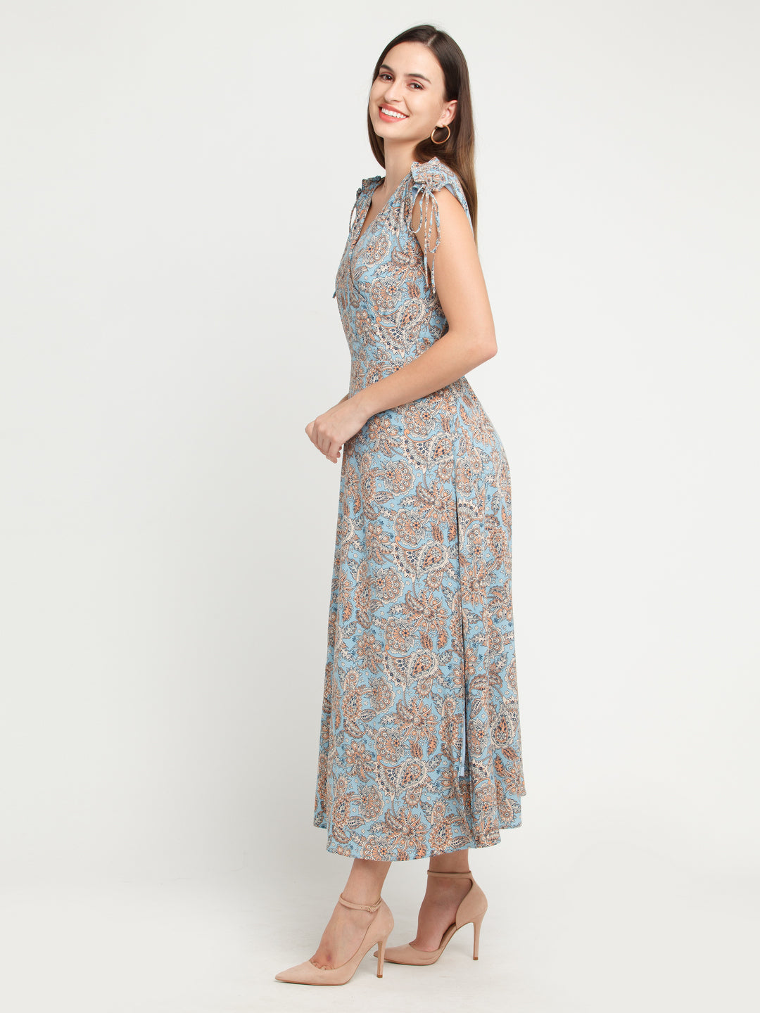 Blue Printed Tie-Up Maxi Dress For Women