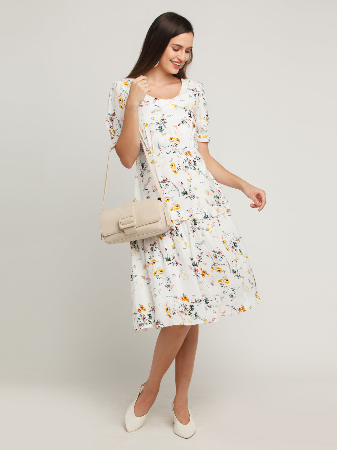 White Printed Tiered Midi Dress