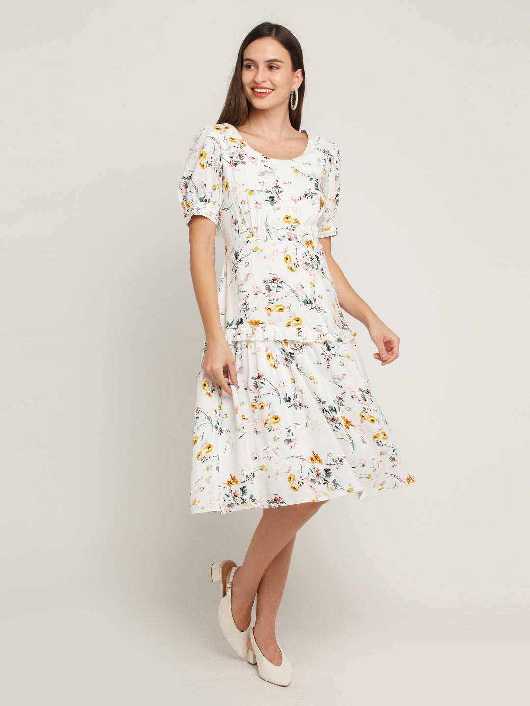 White Printed Tiered Midi Dress