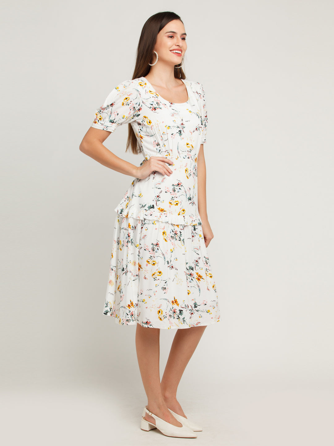 White Printed Tiered Midi Dress