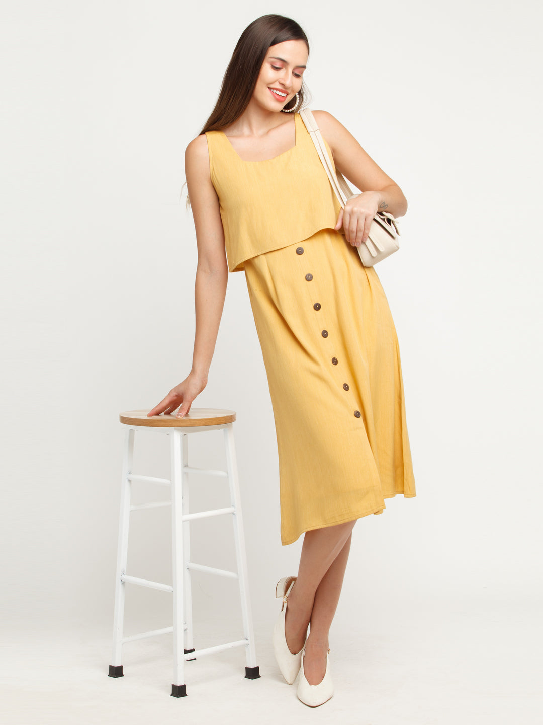 Yellow Solid Layered Midi Dress