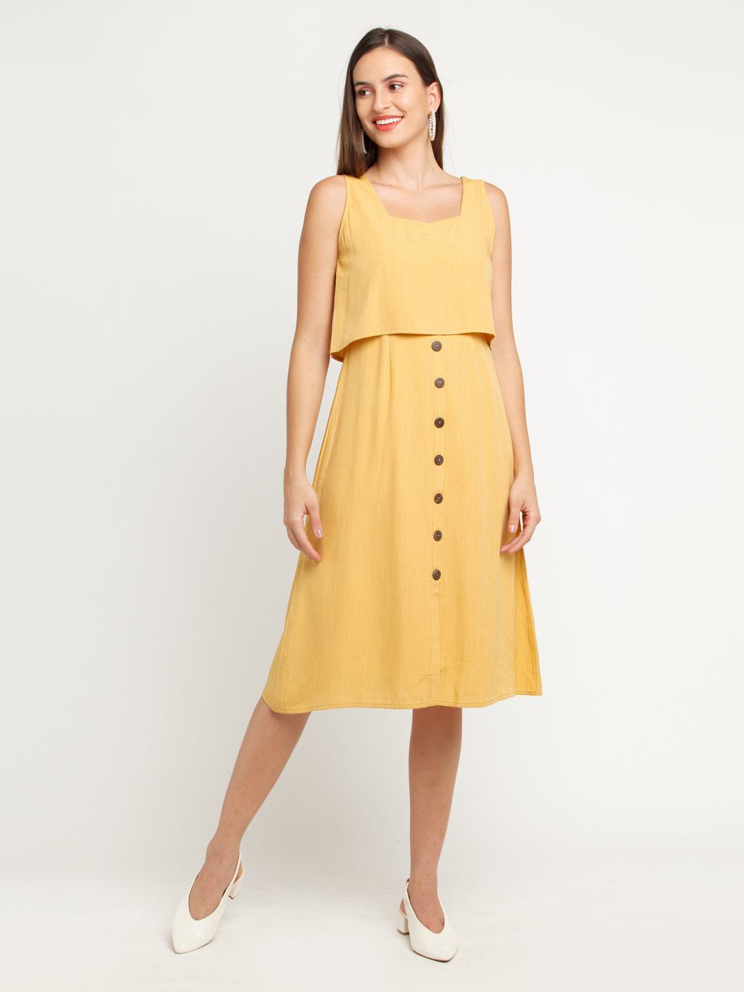 Yellow Solid Layered Midi Dress For Women