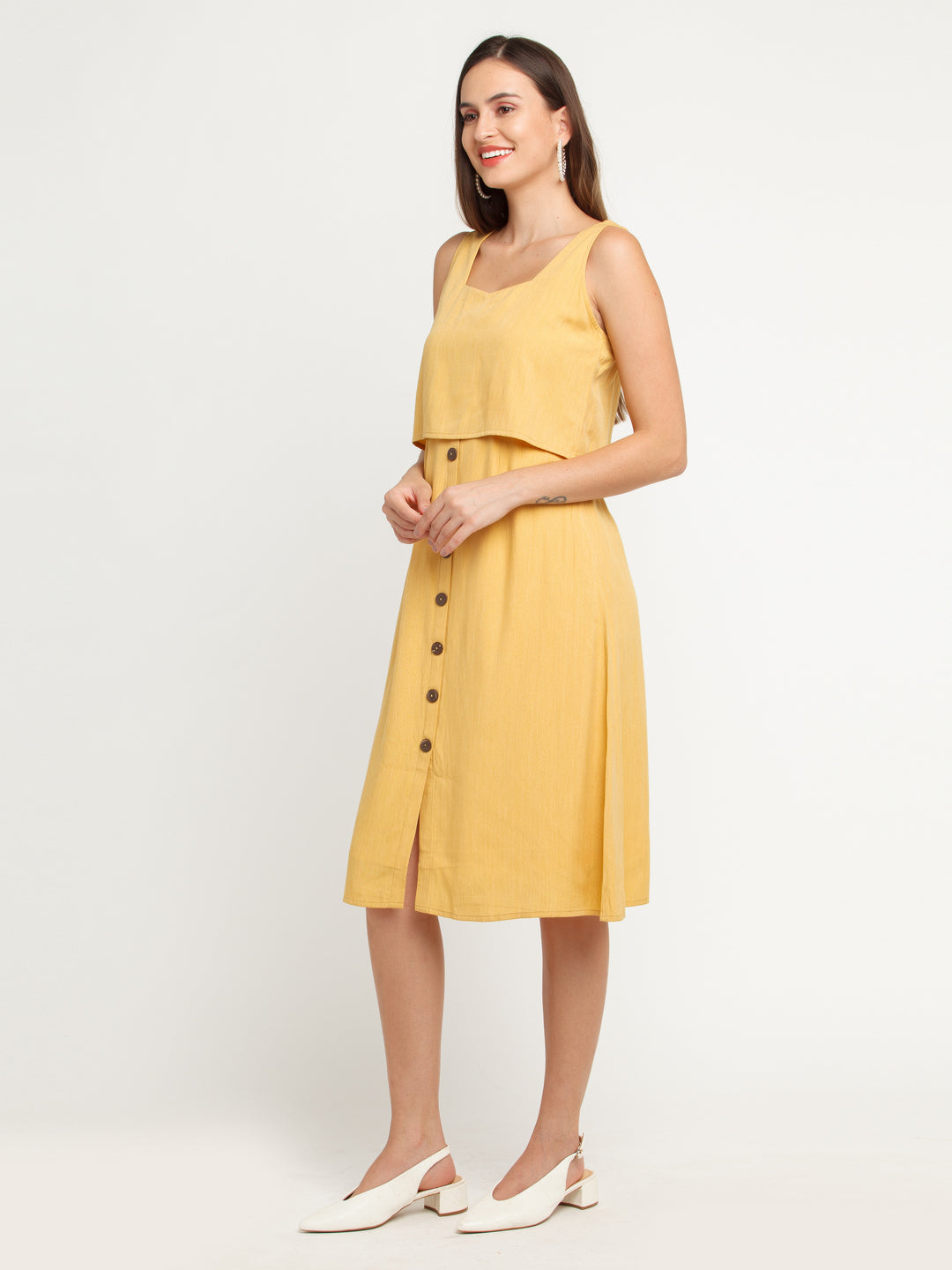 Yellow Solid Layered Midi Dress For Women