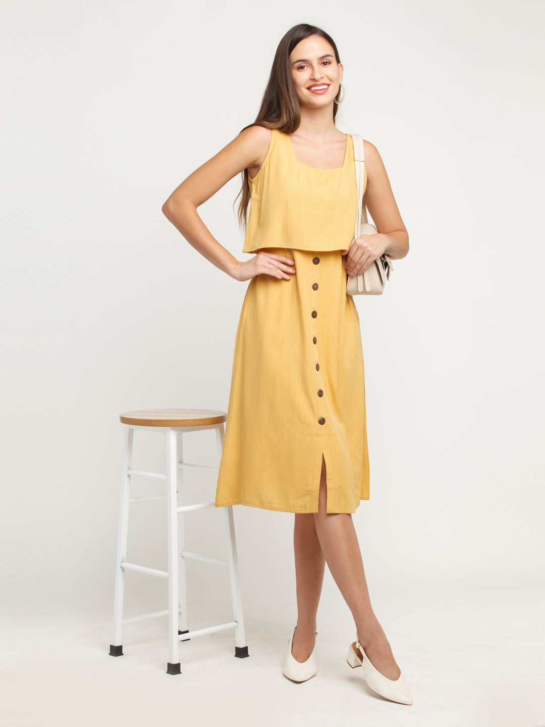 Yellow Solid Layered Midi Dress For Women
