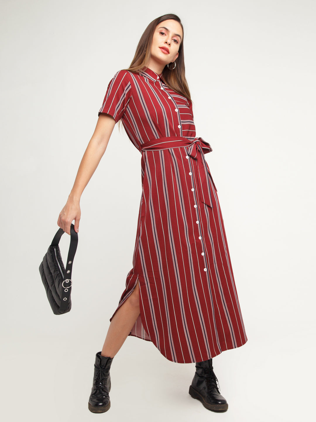 Maroon Striped Shirt Dress