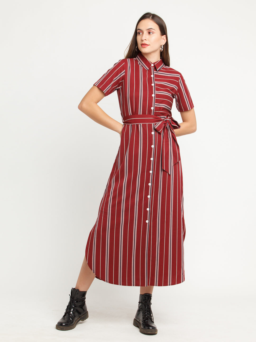 Maroon Striped Shirt Dress For Women