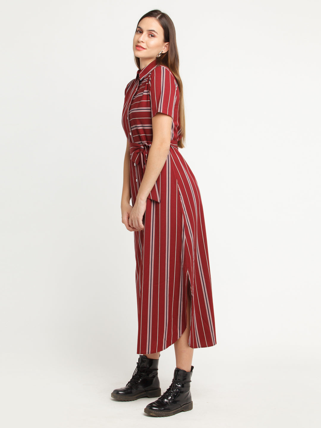 Maroon Striped Shirt Dress